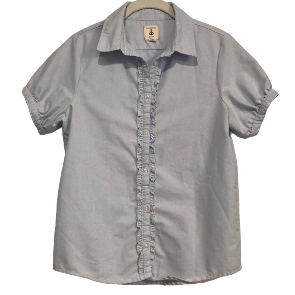 Lands’ End Kids Ruffle Front Button Down Short Sleeve Uniform Shirt | Size 16